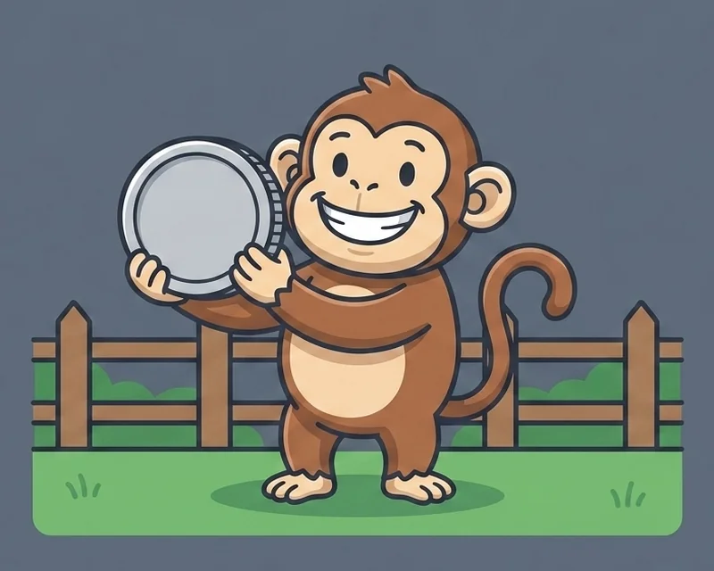 the monkey, grinning, holding up a large silver coin