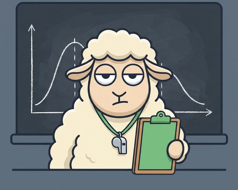 the sheep, deadpan, whistle and clipboard, bell curve on the chalkboard behind it