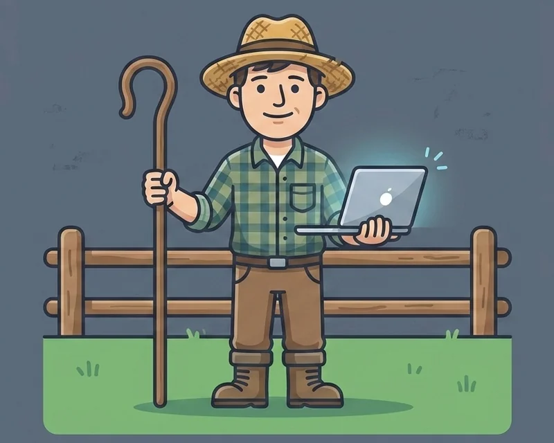 the shepherd, straw hat and crook, holding an open laptop