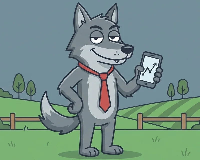the wolf, smug, red necktie, holding a phone with a chart on it